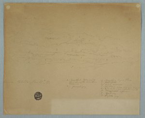 Zeichnung, Regen fällt aus einem bewölkten Himmel über Bergrücken, Hacienda Chillo, Ecuador, 27. Juli 1857