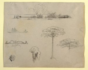 Zeichnung, Skizzen aus Kolumbien: Flusslandschaft, Männer auf Flößen und Bäume, 1853