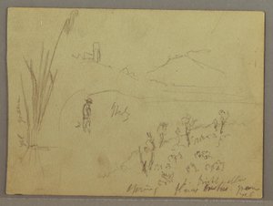 Zeichnung, Skizzen aus Italien: Gebäude mit Turm, Berg und Mann, 29. April 1869