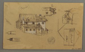 Zeichnung, Holzhaus, Himmel, Österreich, 1. August 1868