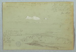 Ansichten des Artisana-Vulkans von oder nahe Quito und ein bewölkter Himmel über einem Bergrücken, Ecuador, 23. Juni 1857