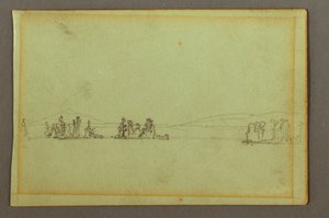 Zeichnung, bewaldete Inseln, hügelige Küste, möglicherweise 1856 von Frederic Edwin Church