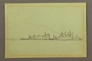 Zeichnung, Bewaldetes Ufer, Berg, möglicherweise 1856