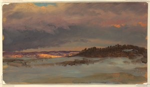 Winterlandschaft mit blauem Hügel bei Sonnenuntergang, Hudson, New York von Frederic Edwin Church