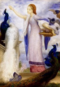 "Jene fille nourrissant les paons" Sie ist antik gekleidet. Gemälde von Lord Frederic Leighton (1830-1896) von Frederic Leighton