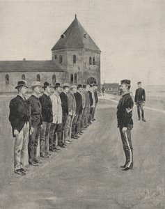 Eine erste Lektion in der Kriegskunst. Rekruten für die zwei zusätzlichen Artillerieregimenter in Fort Slocum, Davids Island, Long Island Sound von Frederic Remington