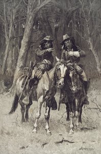 Cheyenne-Scouts patrouillieren im großen Wald des Nordkanadiers, Oklahoma, 6. April von Frederic Remington