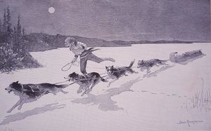 Französischer Pelzhändler in Kanada mit Huskie-Hunden auf gefrorenem See von Frederic Remington