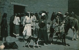 Pueblo-Indianerdorf (Verteilung von Rindfleisch an der San Carlos-Agentur) ca. 1889 von Frederic Remington