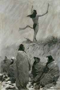 Der Feuerschlucker hob seine Arme zum Donnervogel von Frederic Remington