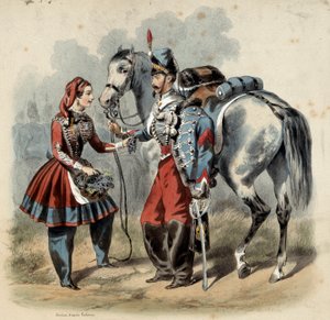 Die französische Armee und ihre Kantiniere: Husar und Kantiniere der Linieninfanterie. Gravur von Frederic Sorrieu