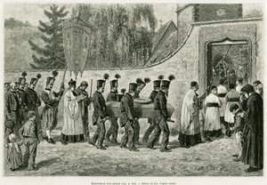 Begräbnis eines Bergarbeiters. Gravur von Lix zur Illustration der Geschichte „Durch Elsass und Lothringen“ 1887, von Charles Grad, deutscher Abgeordneter, in Le Tour du monde 1888, herausgegeben von Edouard Charton (1807-1890), Hachette, Paris.