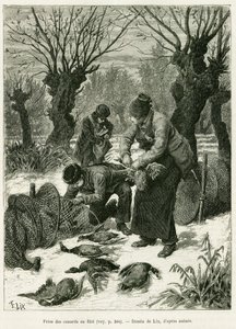 Entenfang im Netz. Gravur von Lix zur Illustration der Geschichte A Travers l