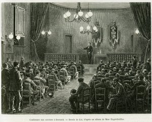 Konferenz für die Arbeiter der Dollfus-Mieg-Werkstätten in Dornach. Gravur von Lix zur Illustration der Geschichte „Durch Elsass und Lothringen“, von Charles Grad, deutscher Abgeordneter, 1885, in Le Tour du monde 1886, unter der Leitung von Edouard Charto