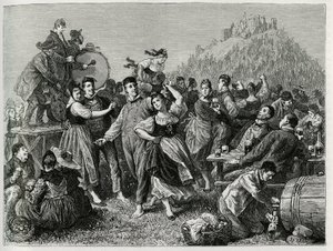 Fete des patres am Hohneck (Vogesen), Sonntag nach St. Johann. Gravur von F. Lix zur Illustration der Geschichte „Durch Elsass und Lothringen“ 1884, von Charles Grad (1842-1890), deutscher Abgeordneter, Schriftsteller und Naturforscher. Veröffentlicht in L von Frederic Theodore Lix