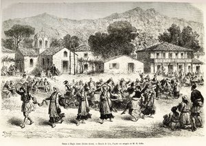 Volkstanz auf dem Dorfplatz Haggia Anna (St. Anne). Gravur nach der Zeichnung von Lix, um die Reise nach Griechenland zu illustrieren, von Henri Belle, in 1861-1868-1874, veröffentlicht in „Le tour du monde“ 1876, herausgegeben von Edouard Charton, Hachett von Frederic Theodore Lix