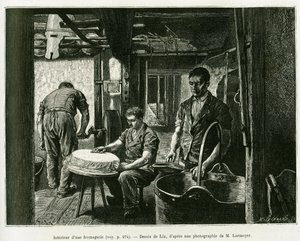 In einer Käserei. Gravur von Lix zur Illustration der Geschichte „Durch Elsass und Lothringen“ von Charles Grad, veröffentlicht in Le Tour du monde 1887