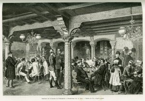 Innenansicht der Tiefenkeller-Taverne in Straßburg. Gravur von Lix zur Illustration der Geschichte „Durch Elsass und Lothringen“ von Charles Grad, veröffentlicht in Le Tour du monde 1888