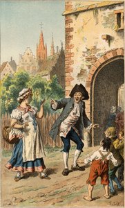 Volkslied: „In Paris gibt es eine Dame“. Ein Mann macht sich über ein Dienstmädchen lustig, sodass das Gesicht mit Politur bedeckt ist. Illustration von Frederic Theodore Lix (1830-1897) in „Chansons et rounds enfantines des provinces de la France“