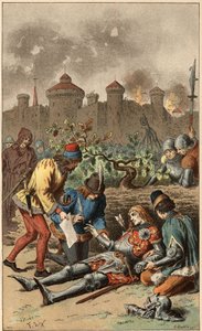 Volkslied: „Es war der Großherzog von Maine“. Tod des Herzogs von Maine, durchbohrt von einem Pfeil. Illustration von Frédéric Théodore Lix (1830-1897) in „Chansons et rondes enfantines des provinces de la France“.
