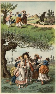 Volkslied: „Wir waren drei Mädchen“. Illustration von Frederic Theodore Lix (1830-1897) in „Chansons et rounds enfantines des provinces de la France“