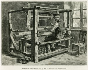 Weber im Liepvre-Tal. Gravur von Lix zur Illustration der Geschichte „Durch Elsass und Lothringen“ 1887, von Charles Grad, deutscher Abgeordneter, in Le Tour du monde 1888, herausgegeben von Edouard Charton (1807-1890), Hachette, Paris.