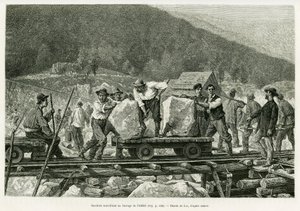 Arbeiter arbeiten am Alfeld-Damm. Gravur von Lix zur Illustration der Geschichte A travers l