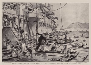 Ein britisches Schlachtschiff in samoanischen Gewässern, einheimische Händler tauschen Obst und Gemüse