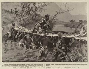 Eine menschliche Brücke in Swasiland, die Königin überquert einen angeschwollenen Bach