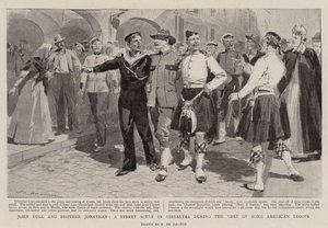 John Bull und Bruder Jonathan, eine Straßenszene in Gibraltar während des Besuchs einiger amerikanischer Truppen von Frederic de Haenen