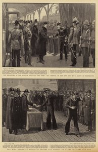 Die Abreise des Herzogs von Cornwall und York, die Ankunft des Königs und der königlichen Gesellschaft in Portsmouth, der König verleiht viktorianische Orden und Medaillen an Marineoffiziere und -männer von Frederic de Haenen