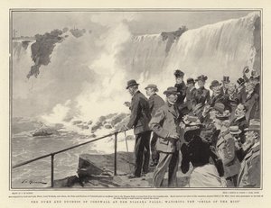 Der Herzog und die Herzogin von Cornwall an den Niagarafällen, beobachten das Kind des Nebels von Frederic de Haenen