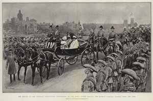 Die Überprüfung der kolonialen Krönungskontingente auf der Horse Guards Parade, die Kutsche der Königin fährt die Linie entlang von Frederic de Haenen