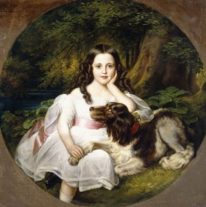 Ein junges Mädchen ruht in einer Landschaft mit ihrem Hund