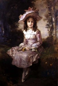 Porträt eines jungen Mädchens in einem rosa Kleid von Frederich August Kaulbach