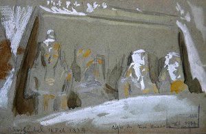 Vier kolossale Statuen von Ramses II. im Großen Tempel von Abu Simbel von Frederick Arthur Bridgman