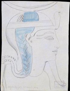 Studie eines Reliefs des Kopfes des Gottes Khonsu im Tempel von Seti I, Abydos, 1874 (Bleistift und Aquarell auf Papier)
