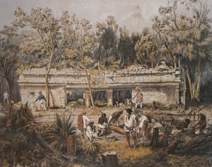 Die Archäologen Frederick Catherwood und John Lloyd Stephens vermessen den Tempel von Tulum, Yucatan, Mexiko, Illustration aus 