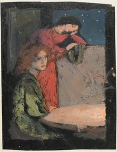 Zwei Mädchen an einem Tisch blicken in eine sternenklare Nacht von Frederick Cayley Robinson