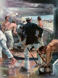 Die Schlacht in der Bucht von Manila.--Kampf mit einer Sechs-Zoll-Kanone an Bord der Olympia von Frederick Coffay Yohn