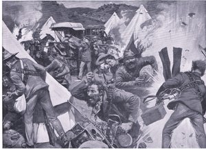 Buren plündern das britische Lager in Nooitgedacht unter Artilleriefeuer, aus After Pretoria: Der Guerillakrieg veröffentlicht von Harmsworth Bros Limited, 1901 von Frederick Judd Waugh