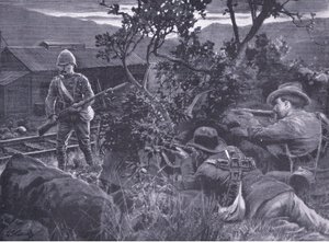 Entarteter Krieg: Buren schießen auf einen Wachposten, aus After Pretoria: Der Guerillakrieg veröffentlicht von Harmsworth Bros Limited, 1901 von Frederick Judd Waugh