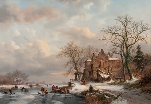 Eine Winterlandschaft mit Schlittschuhläufern auf einem gefrorenen Fluss