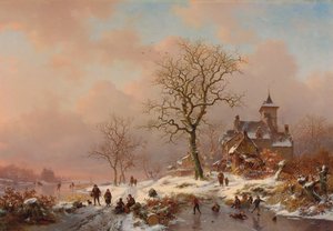 Winterlandschaft mit Figuren, die auf dem Eis spielen, 1868