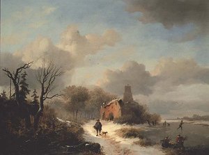 Winterlandschaft mit Bauer und Figuren auf Eis
