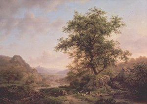 Waldlandschaft mit Bauern und Tieren auf einem Pfad