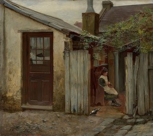 Mädchen mit Vogel vor der King Street Bäckerei von Frederick McCubbin