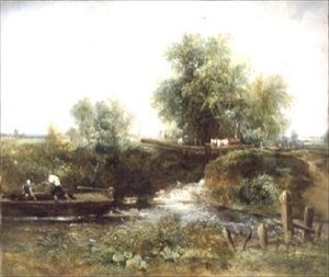 Fluss mit Pferden, die überqueren und Boot von Frederick Waters Watts