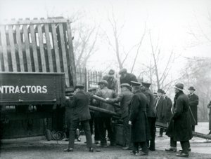 Eine Menschenmenge beobachtet, wie ein Nashorn von einem Lastwagen entladen wird, London Zoo, 1924