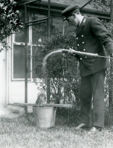 Wärter Thomas Raggett gibt einem Eulenschwalm eine Dusche, London Zoo, 1924